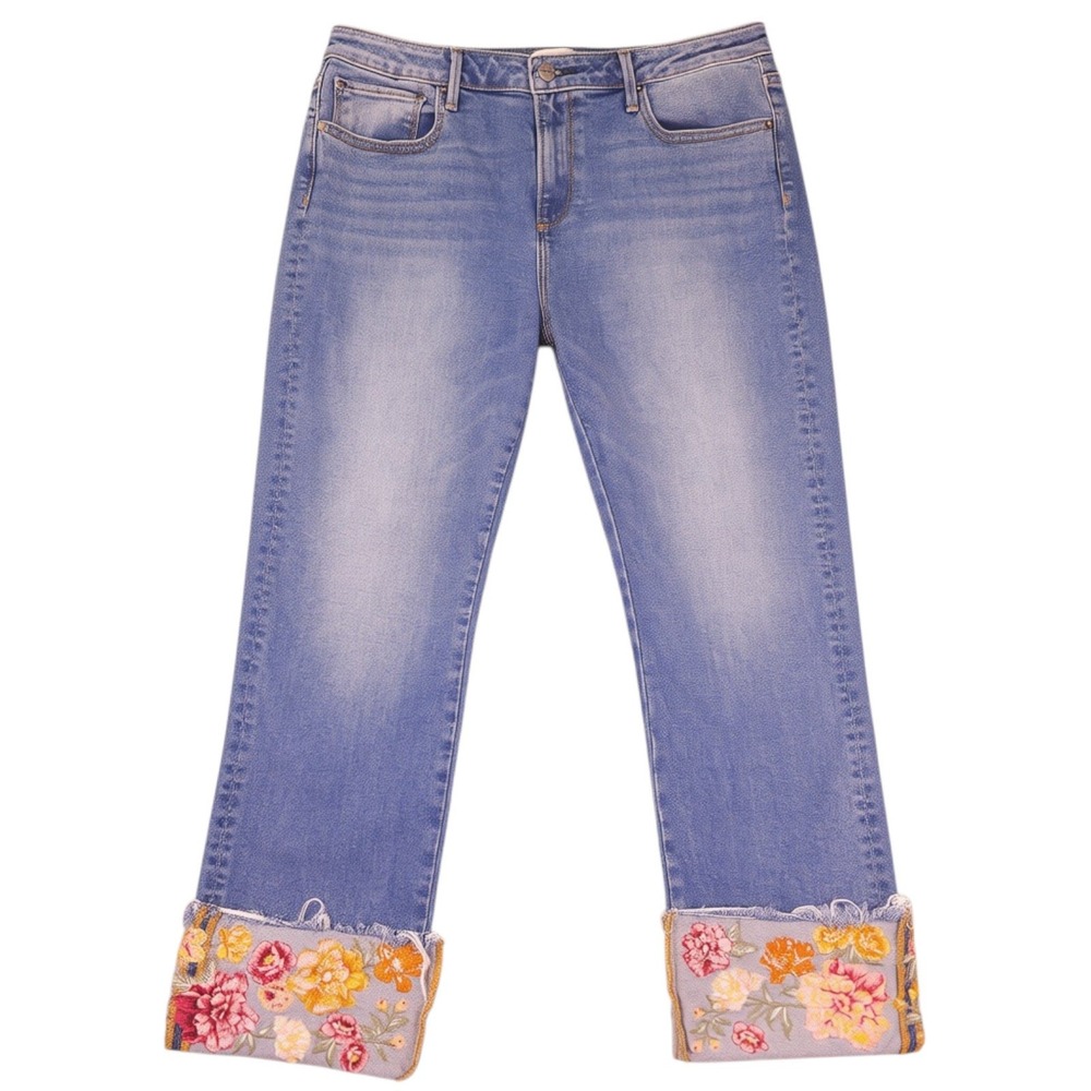 Driftwood Colette Jeans Womens 14 Blue Floral Embroidered Cuffed Raw Hem Boho